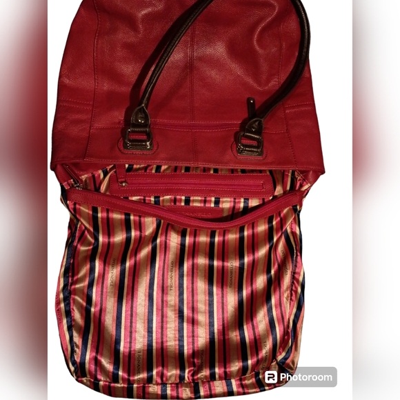 Tignanello Purse Red/Brown Leather Shoulder/hand bag Satchel attached log tag - Picture 11 of 12